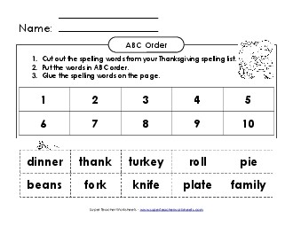 ABC Order: Cut and Glue (B-Thanksgiving)  Spelling B Worksheet