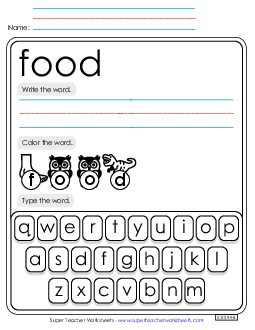 Write, Color, Type: Food Sight Words Individual Worksheet