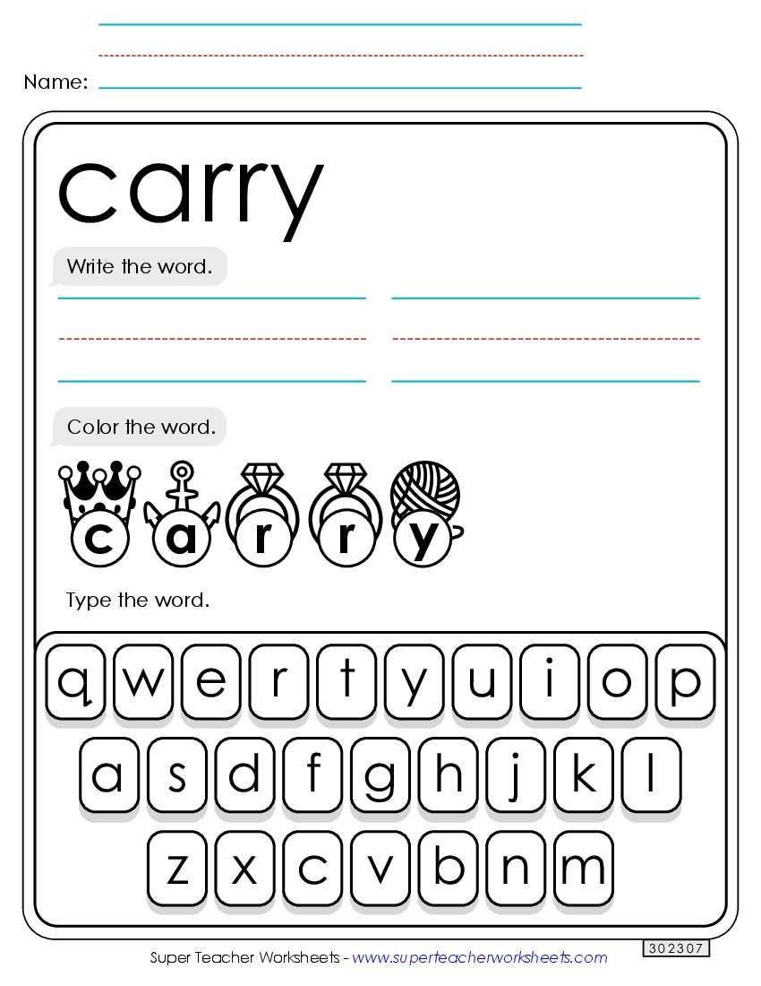 Write, Color, Type: Carry Sight Words Individual Worksheet