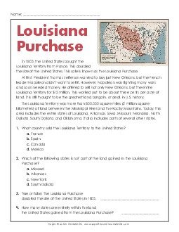 Louisiana Purchase (Short Article) 4th Grade Reading Comprehension Reading Comp Short Worksheet