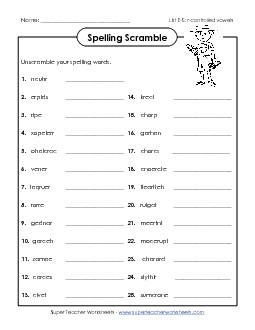 Word Scramble (E-5) Spelling E Worksheet