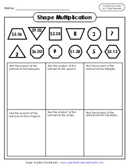 Shape Multiplication (Money Times 1-Digit Number) Worksheet