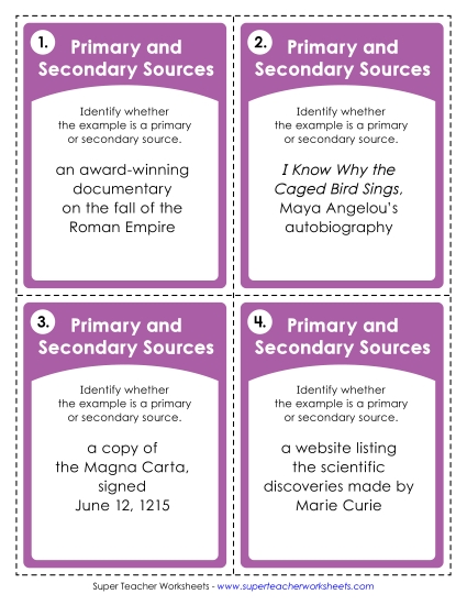 New Primary and Secondary Sources Task Cards Worksheet New Primary and Secondary Sources Task Cards Worksheet