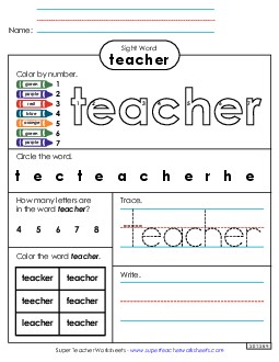 Worksheet 4: Teacher Sight Words Individual Worksheet