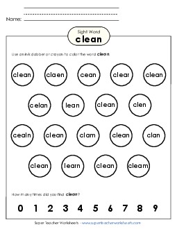 Dab or Color: Clean Sight Words Individual Worksheet