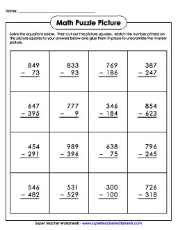 Math Puzzle Picture (Cut-and-Glue): 3-Digit Subtraction Worksheet