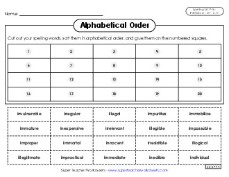 Alphabetical Order: Cut-Glue (F-18) Spelling F Worksheet