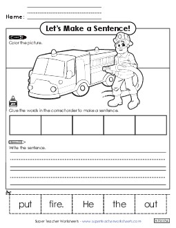 Build a Sentence: Firefighter Community Helpers Worksheet