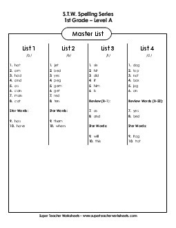 Grade 1 Spelling Master List Spelling A Worksheet