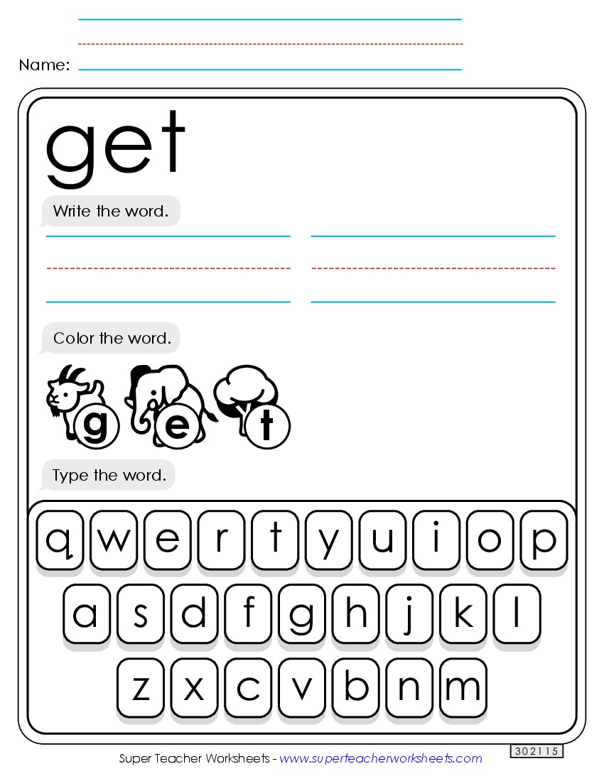 Write, Color, Type: Get Sight Words Individual Worksheet