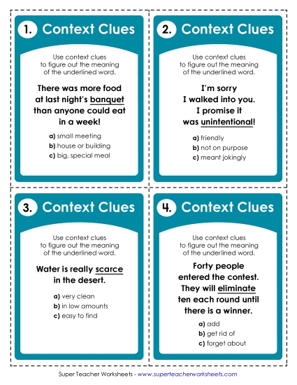 New Context Clues Task Cards (Intermediate) Worksheet