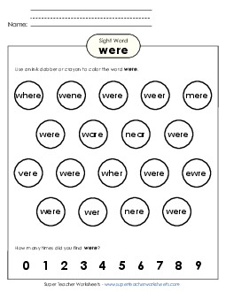 Dab or Color: Were Sight Words Individual Worksheet