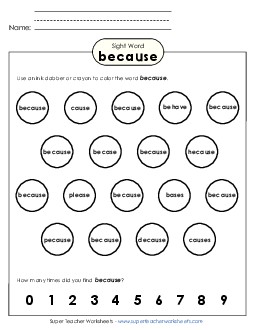 Dab or Color: Because Sight Words Individual Worksheet