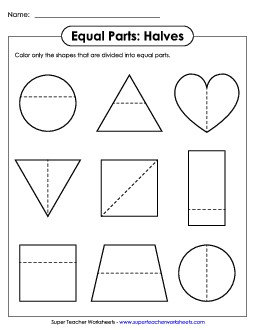 Equal Parts: Halves Fractions Worksheet