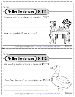 Fix the Sentences D-111 through D-115 Worksheet