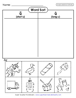 Word Sort (Cut-and-Glue) Free Phonics Long Short U Worksheet