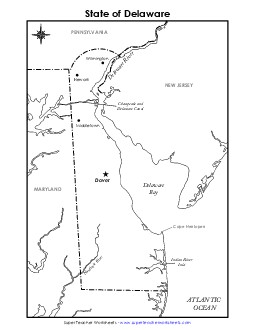 Labeled Delaware Map State Maps Worksheet