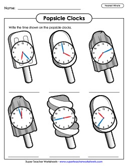 Popsicle Clocks - Nearest Minute Summer Worksheet