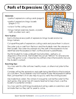 Parts of Expressions Bingo Algebra Worksheet