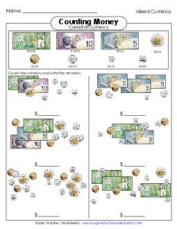 Counting Mixed Coins & Bills #1 Money Canadian Worksheet