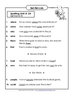 Spelling Test Sentences (A-24)  Spelling A Worksheet