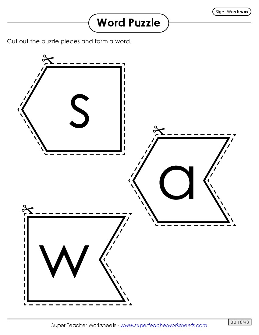 Word Puzzle: Was Sight Words Individual Worksheet