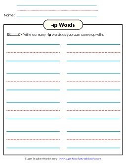 Brainstorm and Write (-ip) Word Families Worksheet