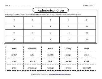 ABC Order: Cut/Glue  (E-11) Spelling E Worksheet