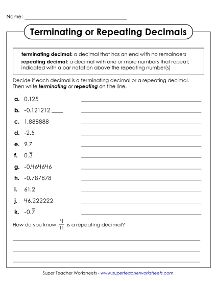 New Terminating or Repeating Decimals Worksheet New Terminating or Repeating Decimals Worksheet