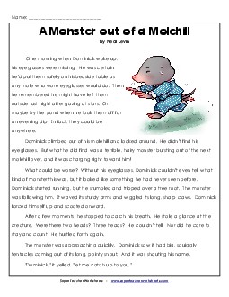 A Monster out of a Molehill (Fiction) 4th Grade Reading Comprehension Worksheet