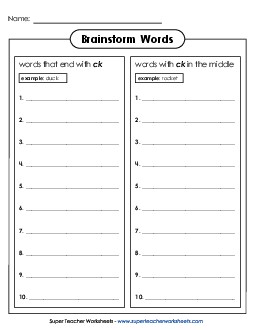 Brainstorm /ck/ Words Phonics Digraphs Worksheet