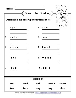 Word Scramble (B-6) Free Spelling B Worksheet