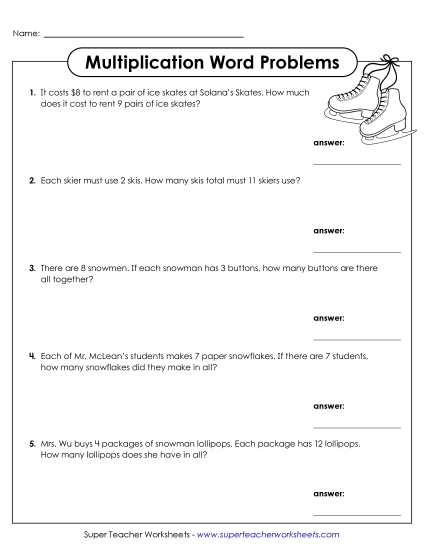 New Winter Word Problems (Basic Multiplication) Worksheet New Winter Word Problems (Basic Multiplication) Worksheet
