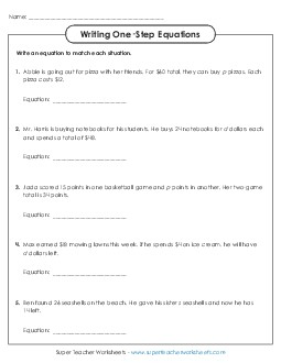 Writing One Step Equations (Basic) Worksheet