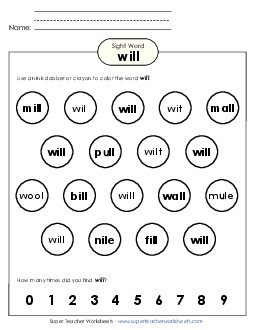 Dab or Color: Will Sight Words Individual Worksheet