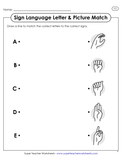 New ASL Letter-Picture Match 1 Worksheet