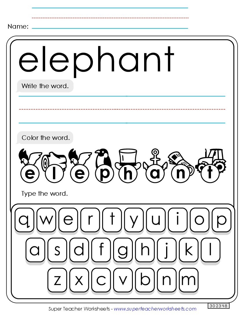 Write, Color, Type: Elephant Sight Words Individual Worksheet