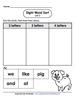 Sight Word Sort (Unit 3) Sight Words Worksheet