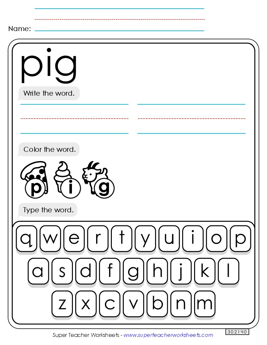 Write, Color, Type: Pig Sight Words Individual Worksheet