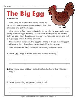 The Big Egg (Short Fiction) Free 2nd Grade Reading Comprehension 2nd Grade ELA Worksheet