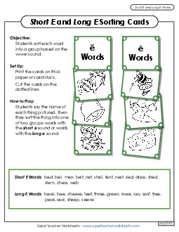 Picture Card Sort: Long E, Short E Phonics Vowels Worksheet