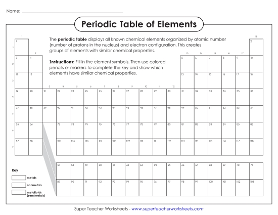 New Periodic Table of Elements Fill-in Worksheet<br>Metals, Nonmetals, and Metalloids Worksheet New Periodic Table of Elements Fill-in Worksheet<br>Metals, Nonmetals, and Metalloids Worksheet