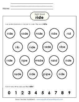 Dab or Color: Ride Sight Words Individual Worksheet