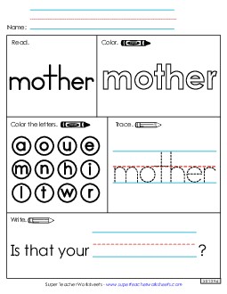 Worksheet 1: Mother Sight Words Individual Worksheet