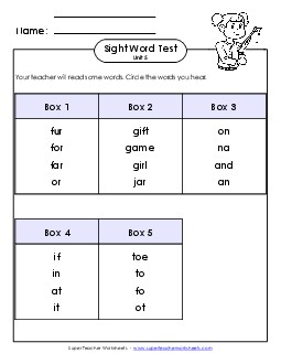 Whole Class Test (Unit 5) Sight Words Worksheet