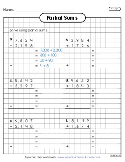 New Graph Paper Addition (4-Digit, Partial Sums) Spanish Worksheet