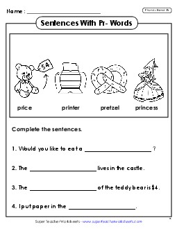 Sentences with PR Words Phonics Blends Worksheet