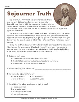 Sojourner Truth Free 5th Grade Reading Comprehension Reading Comp Short Worksheet