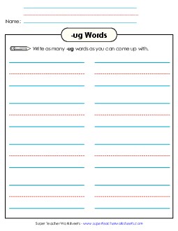 Brainstorm and Write (-ug) Word Families Worksheet