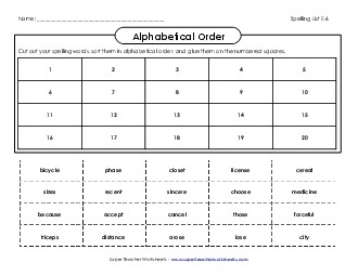 ABC Order: Cut & Glue (E-6) Spelling E Worksheet